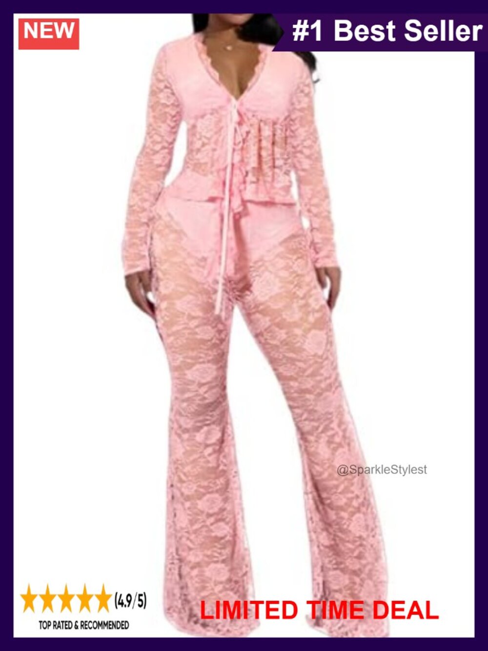 Lace 2 Piece Outfit Set V-Neck Tie Front Top Flared Pants Club Party